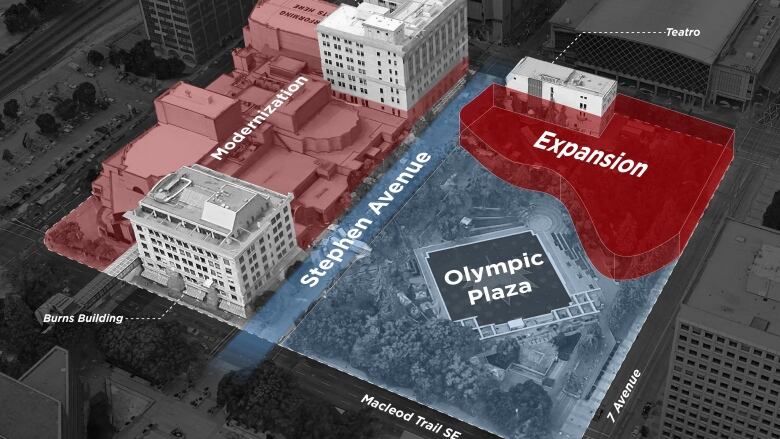 A drawing of future plans for Calgary's Olympic Plaza and Arts Commons area overlaid on an aerial photo.