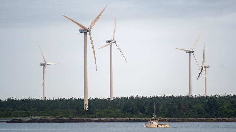 Five windmills staggered on the horizon with a fishing boat passing in the water in the foreground.