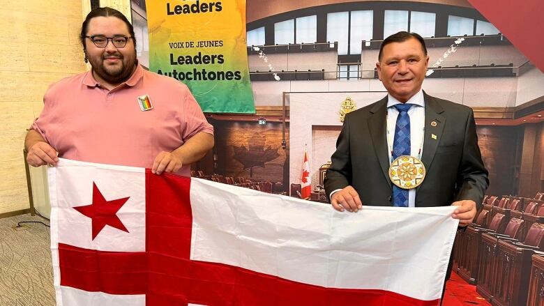 Two Indigenous men standing holding a white and red flag. A red star and half moon sit on white back drop. 