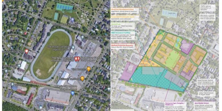 Maps show the current layout of the exhibition grounds compared to a proposed redevelopment plan of the site.