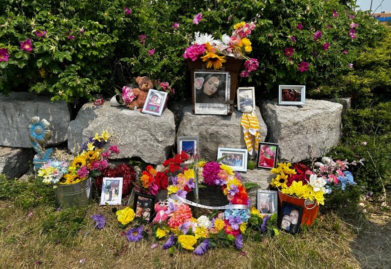 A makeshift memorial sits near the corner of Harmony Road North near Taunton Road East complete with pictures of the 20-year-old alongside friends and family. Buckets of flowers and a teddy bear have been laid underneath a flowering bush. 