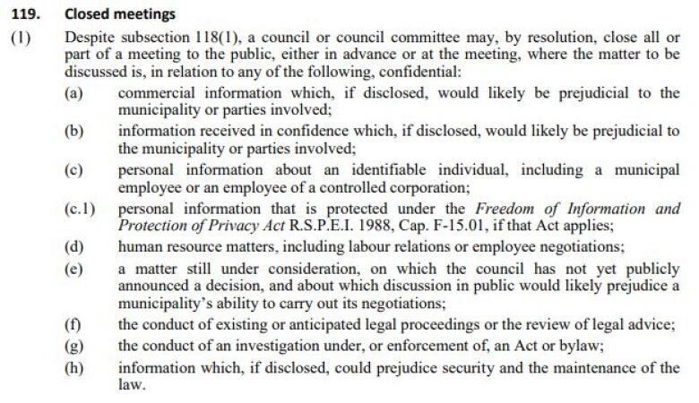 This section of Prince Edward Island's Municipal Government Act lays out the kind of topics that can be discussed in the closed session of a council. 