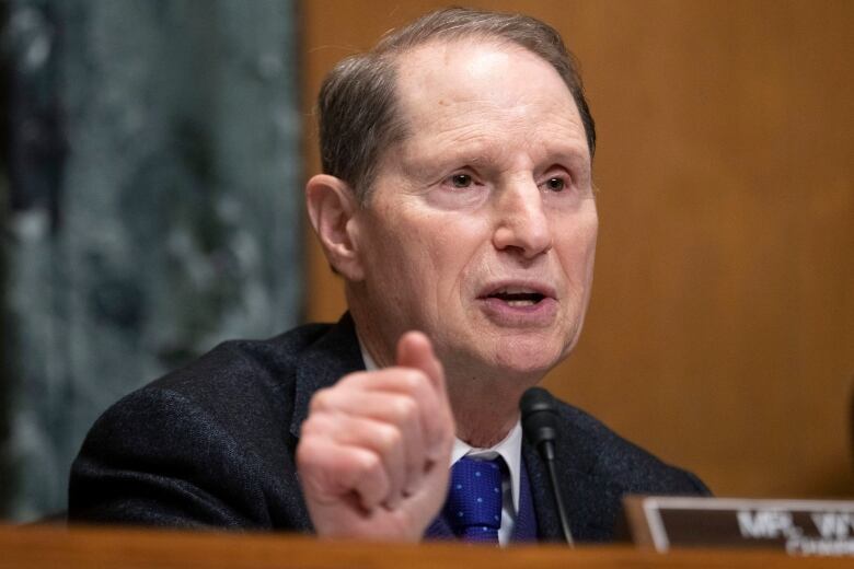 A man in a suit is shown speaking into a microphone while gesturing with his hand.