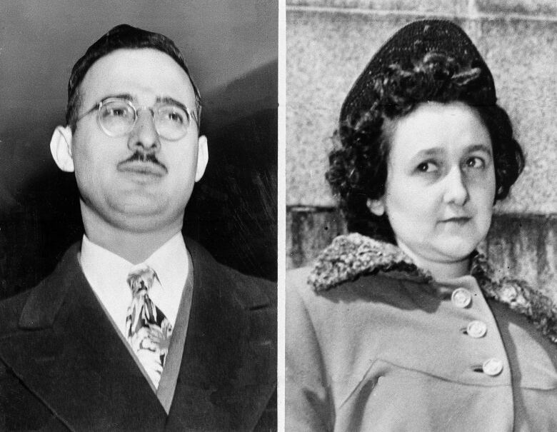 A man and a woman are shown in two joined, black and white photographs.