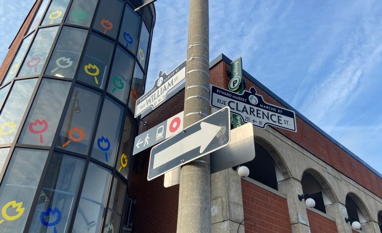 A signpost with the names of two streets in front of a brick building.