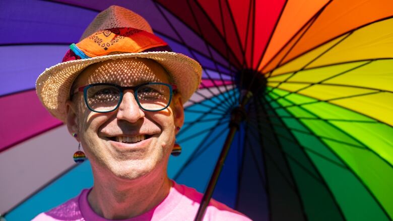 A headshot of Peter Wohlgemut holding a rainbow umbrella.