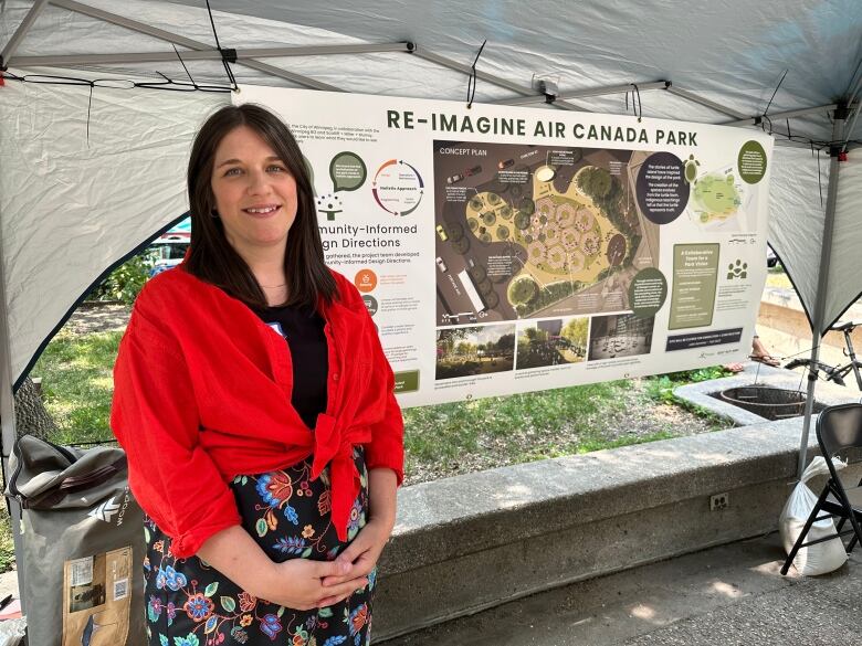 A woman in a red blazer stands in front of a park diagram 