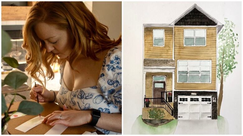 The left side of the photo shows a woman sits at a desk with a paint brush. The right side is a watercolour portrait of a tall house.