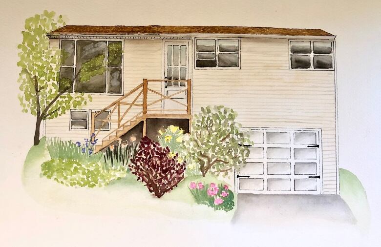 A water colour painting of a two-storey home with a garage is shown.