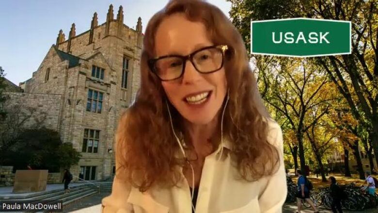 MacDowell is pictured in a Zoom call and her background is the university of Saskatchewan.