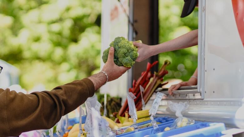 A man with a brown sweater wearing a silver bracelet is being handed a head of broccoli through a window. 