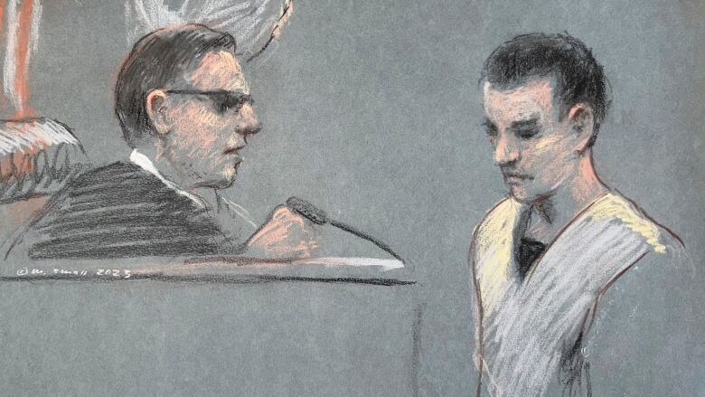 Court sketch of judge and suspect