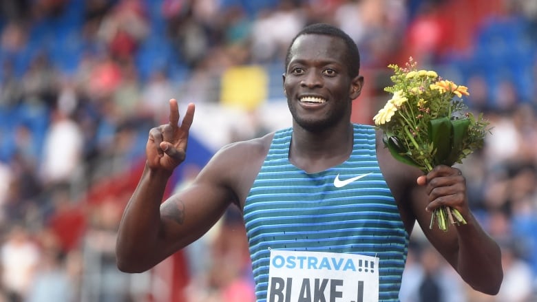 Jerome Blake of Canada poses after winning the men's 200m event at the IAAF 2022 Golden Spike Athletics Meeting in Ostrava, Czech Republic