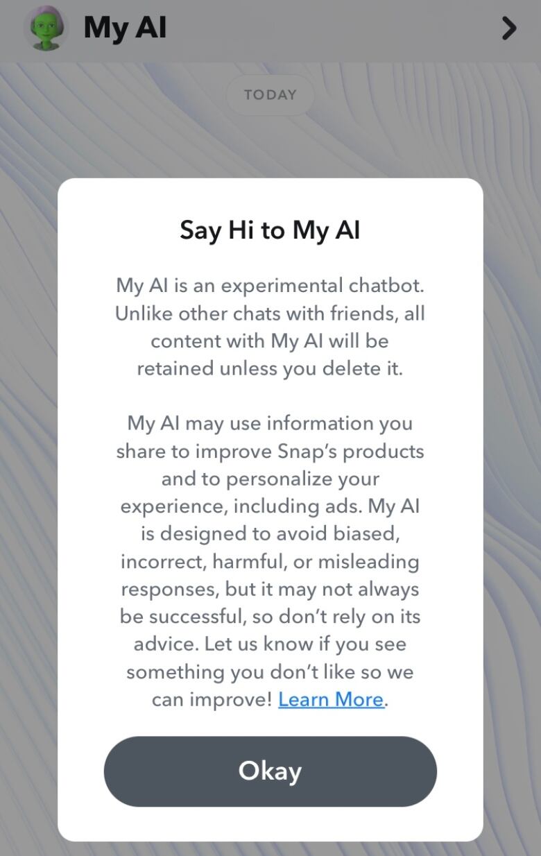 A screenshot of the introduction Snapchat provides to its users about the social media platform's chatbot: My AI.