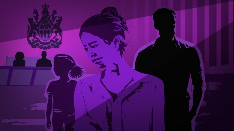 A digitally illustrated image of a woman in a courtroom looking forlorn, with a young girl and a man in a dark silhouette behind her. Stylized bars are in the background. The entire image is in purple tones  the colour representing intimate partner violence.