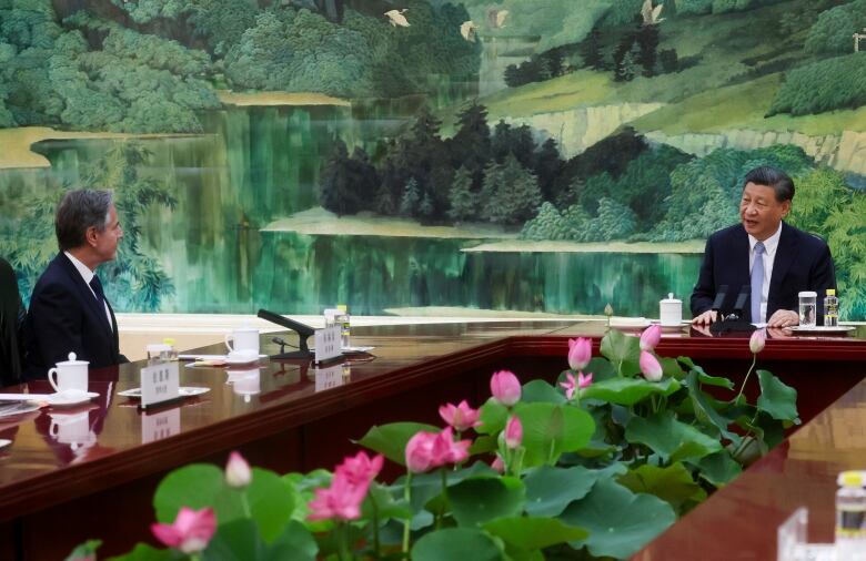 Two men in suits converse as the sit opposite each other at a conference table adorned with signs and microphones. Pink flowers are shown in the middle of the table, while a lush forest and river scene is displayed on the wall behind.