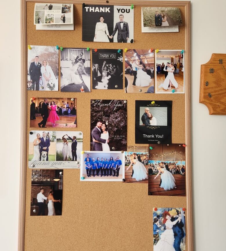 A cork board full of various photos of wedding couples as thank you cards.