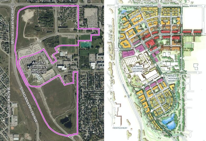 At left, an aerial image from 2014 showing the proposed University District area. At right is the project plan. Yellow and orange buildings represent planned residential developments. So far, only part of the northern portion has been built.