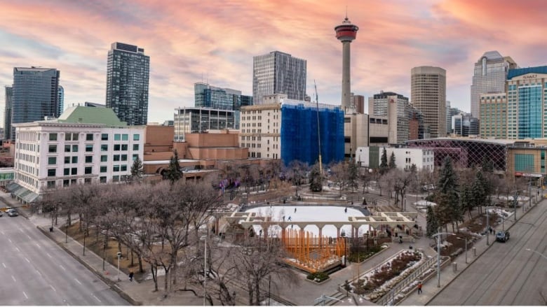 A drone shot of Calgary's skyline.