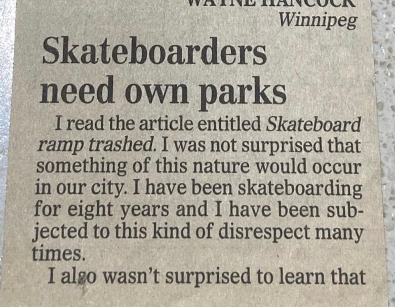 A newspaper clipping with the headline Skateboarders need own parks. 