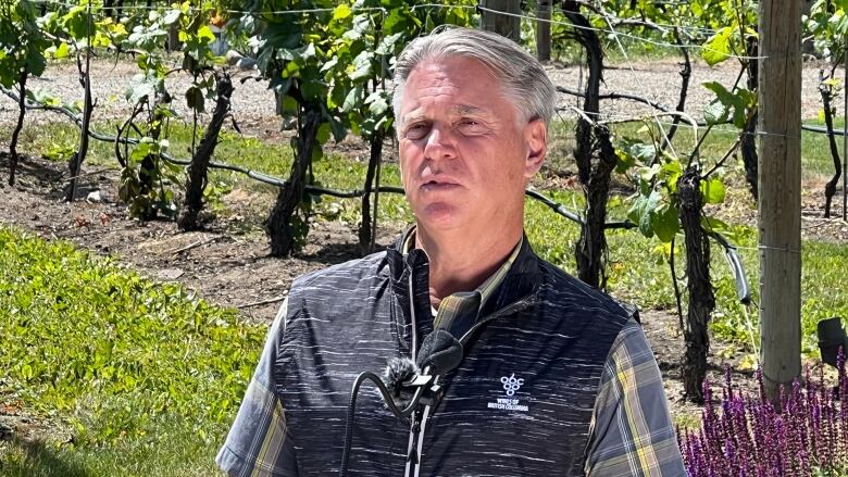 A man in shirt and jacket stands in front of a platform and microphone with grape racks in the background.