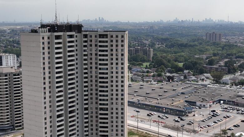 An aerial shot of a building in the Jane and Finch neighbourhood. 