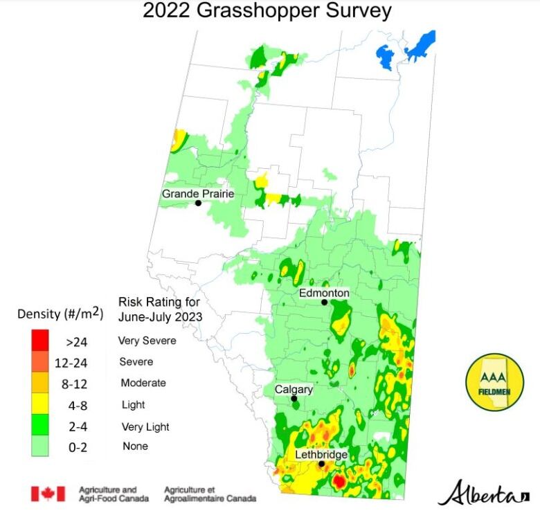 A map shows hot spots for grasshopper infestations in Alberta