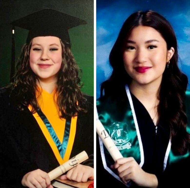 Two young women pose in their high school graduation gowns.