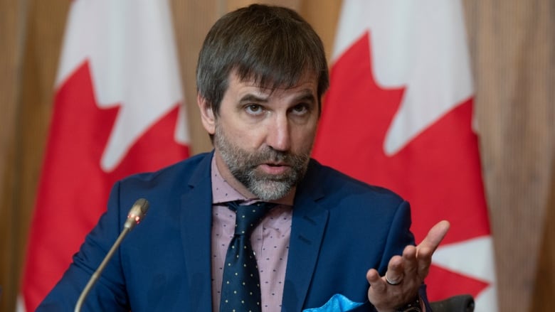 A bearded man in a blue suit gestures behind a microphone in front of a Canadian flag.