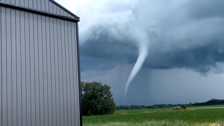 A funnel cloud is pictured in the sky above a field. 