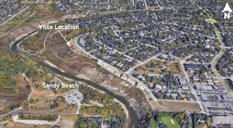 A map showing a red dot on the top of a cliff overlooking the Elbow River. 