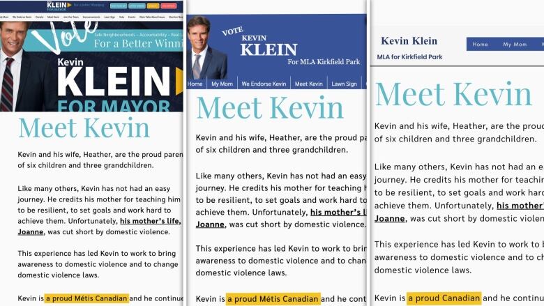 Screenshots show Kevin Klein's personal website during his mayoral run, during his run for MLA of Kirkfield Park and after he won his seat in the legislature. The word Mtis was removed from that version of his website.