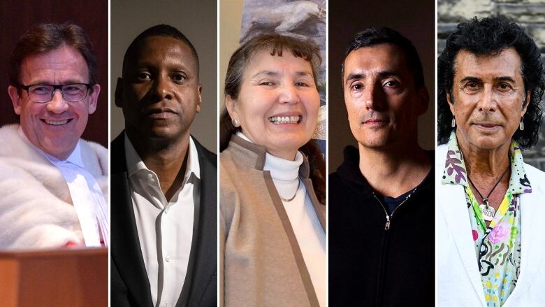 Headshots of five people including a judge, Black basketball franchise leader, an Indigenous female associate professor, an Indigenous artist and a singer.