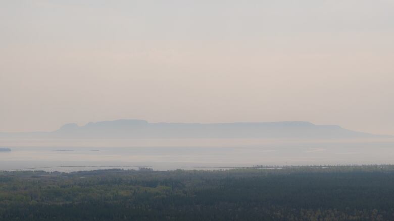 The Sleeping Giant in Thunder Bay surrounded by smoke from wildfires.