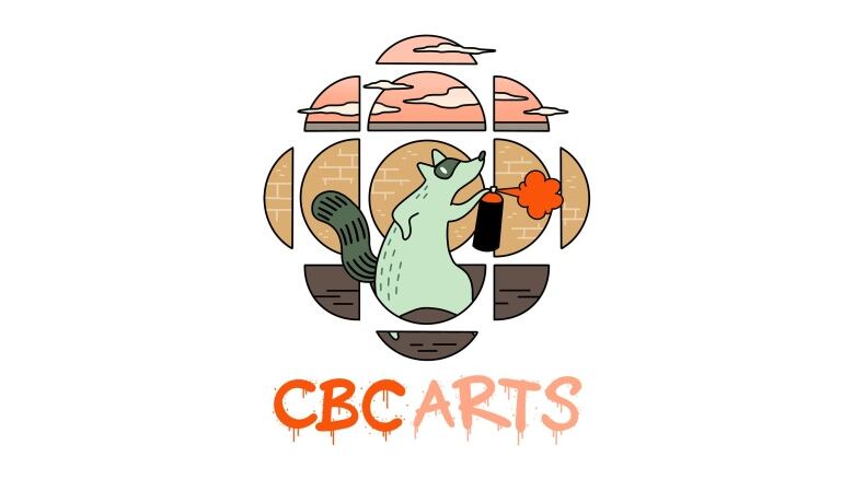 Cartoon-style illustration of the CBC Arts logo. A blue cartoon raccoon is pictured in the centre of the logo's gem design, holding a can of spraypaint. A brick wall is visible through the geometric shapes of the gem. Text in a dripping graffiti style reads: 