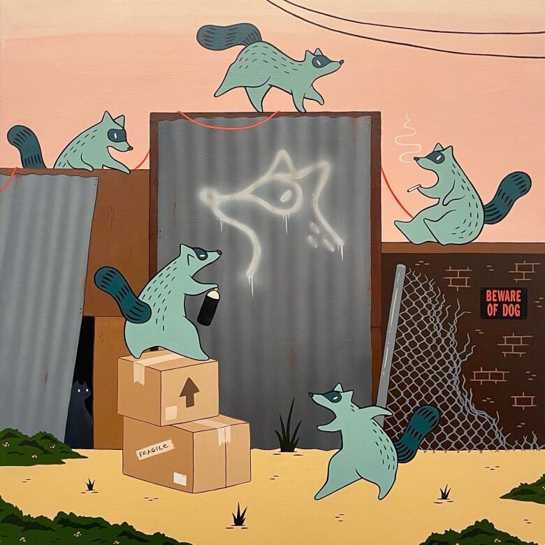 Cartoon style painting of five blue raccoons in an alley. One sits on a wall and smokes a cigarette. Another tags the wall with spraypaint.