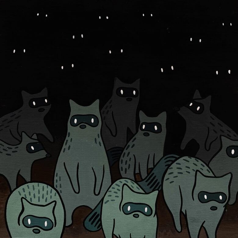 Cartoon style painting of a group of raccoons at night time, enveloped by shadow. Their white eyes shine in the dark.