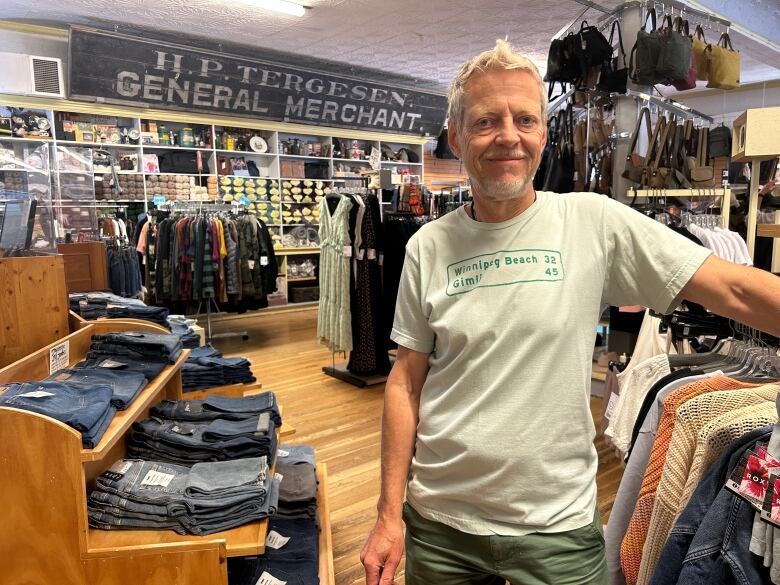 A man stands in a clothing store. 