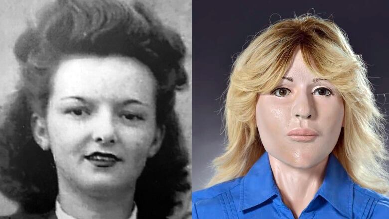 A black and white photo of a woman and a close-up of a clay bust of a woman.