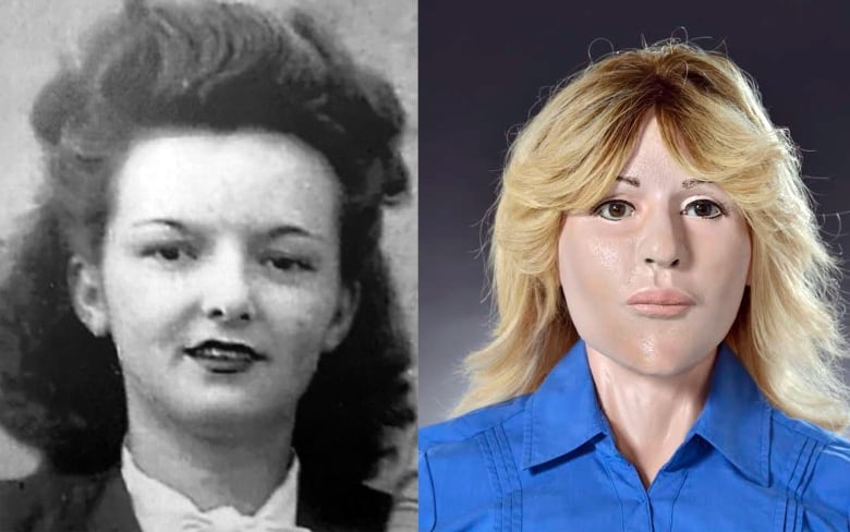 A black and white photo of a woman and a close-up of a clay bust of a woman.