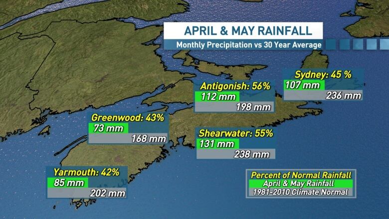 A weather map shows how much rain parts of Nova Scotia got in May and June of 2023.