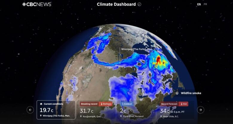 A globe shows North America. Swirls of blue, white and read forecast weather patterns over Winnipeg, Manitoba.