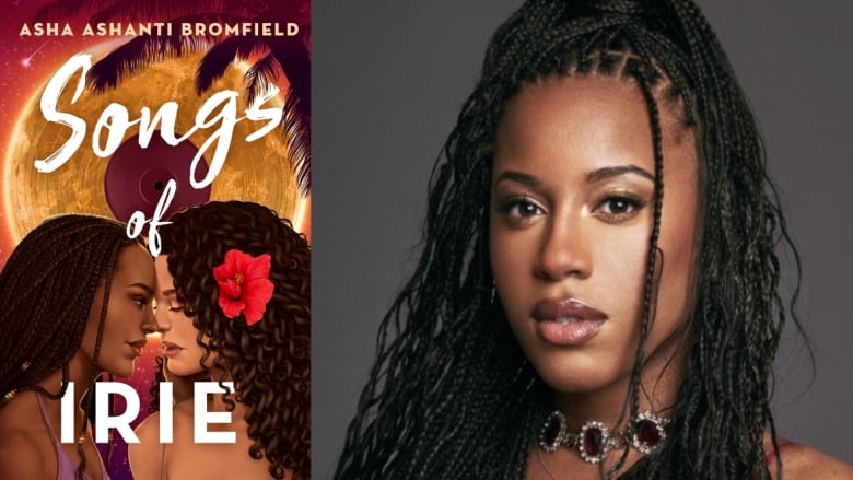 On the left a book cover shows two women, one with a red flower in the hair, as they face one another and their noses are touching. On the right a woman looks into the camera.