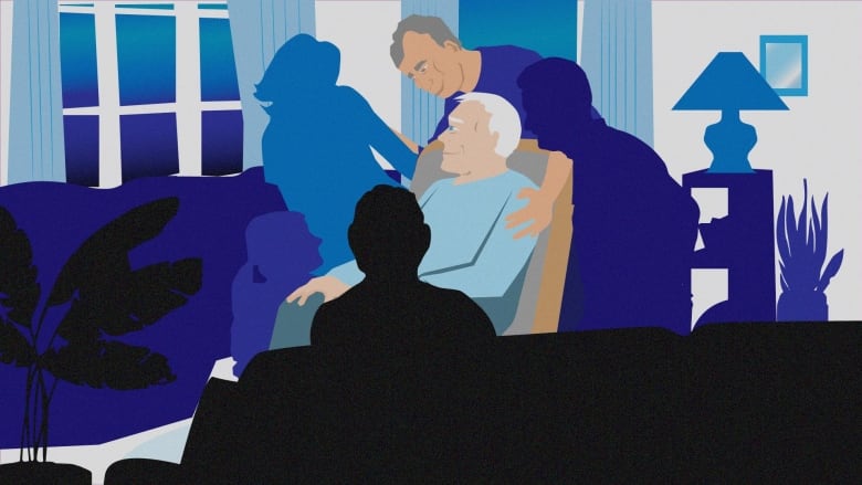 A graphic of a man sitting in a chair surrounded by family. 