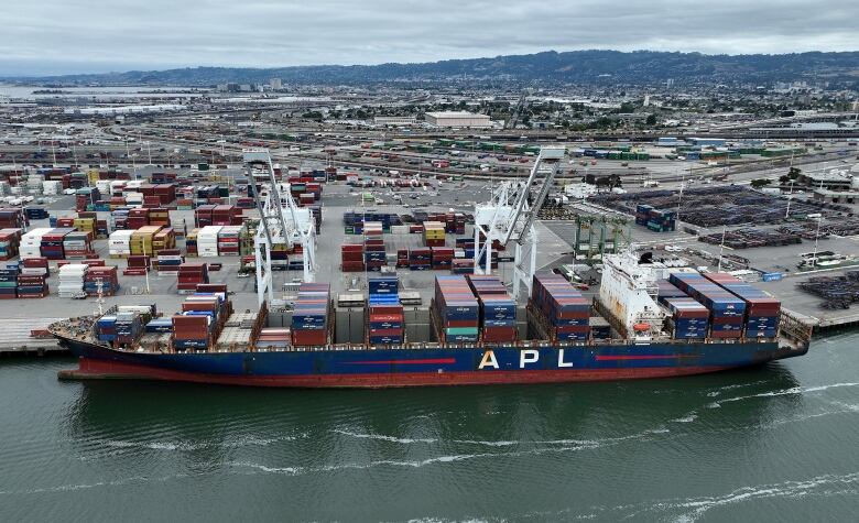 A container ship in port.