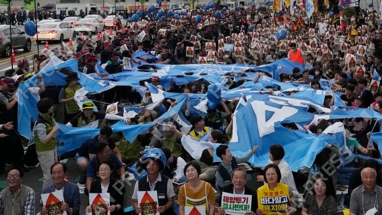 Protesters carry flags