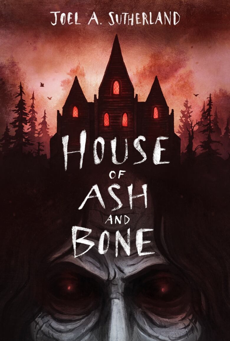 A book cover with a dark house in the distance with a red light shining from the windows and two large cloaked eyes in the foreground.