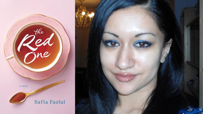 A composite image featuring a book cover with cup of tea and a spoon laid down beside it and a portrait of a South Asian woman with black hair looking into the camera.