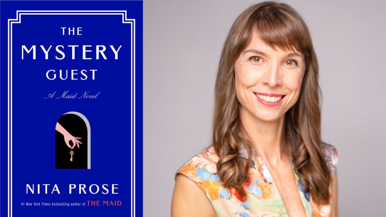 A composite image featuring a blue book cover with a woman's hand on it holding a key and a portrait of a woman with long brown hair smiling into the camera.