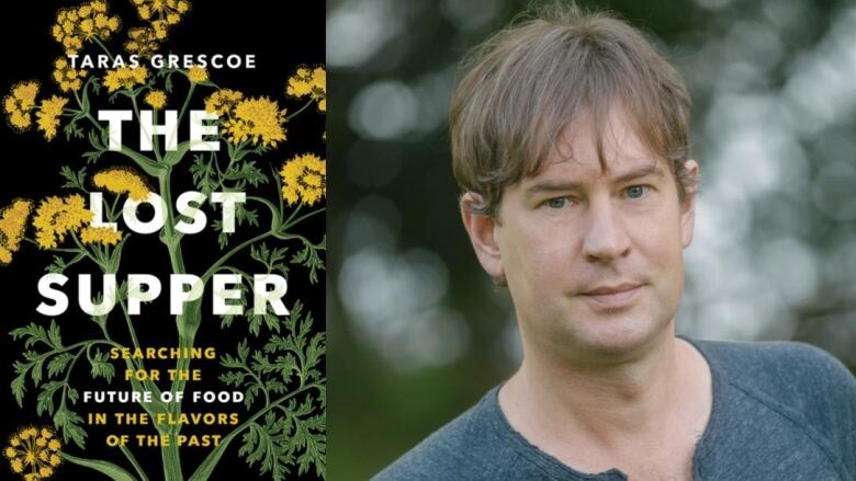 A book cover of marigolds on a black background. A man with brown hair looks at the camera. 